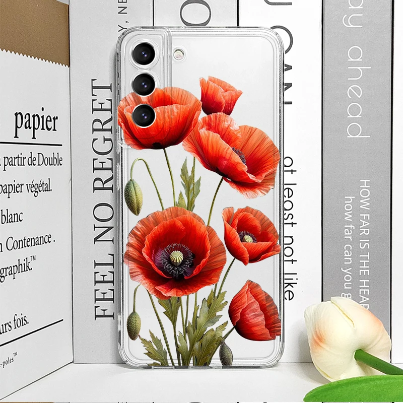 Poppy Flower Bloom Hot Red Floral Print Clear Phone Case for Samsung A14 A16 A36 A55 A54 A53 A52 A51 A50 A15 A22 A71 Soft Cover - view 3
