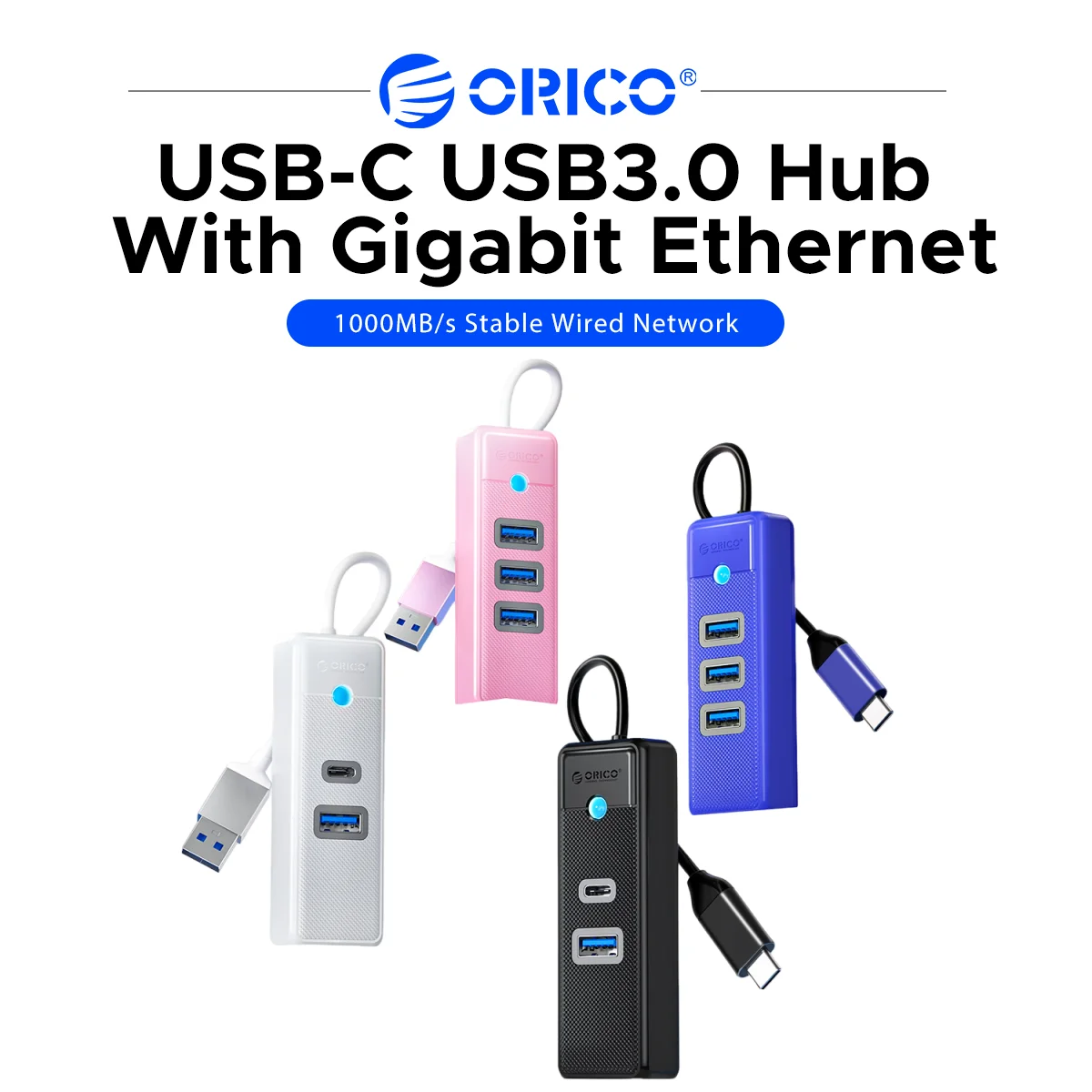 ORICO USB‑C USB3.0 Hub Gigabit Ethernet Adapter 3 Ports USB3.0 RJ45 LAN Network Docking Station Plug&Play for Laptop PC Mac Wind