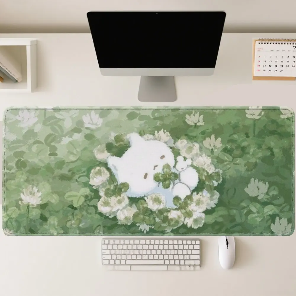 Cute White Animal Clover Field XXL Gaming Mouse Pad Soft Extended Desk Mat Kawaii Aesthetic