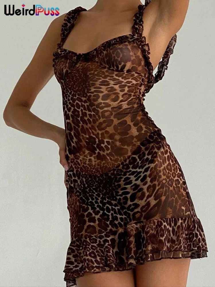 Weird Puss Leopard Print Dress Women See Through Lace V-Neck Sexy Sleeveless Skinny Summer Fashion Chic Ruffle Hem Mini Bodycon