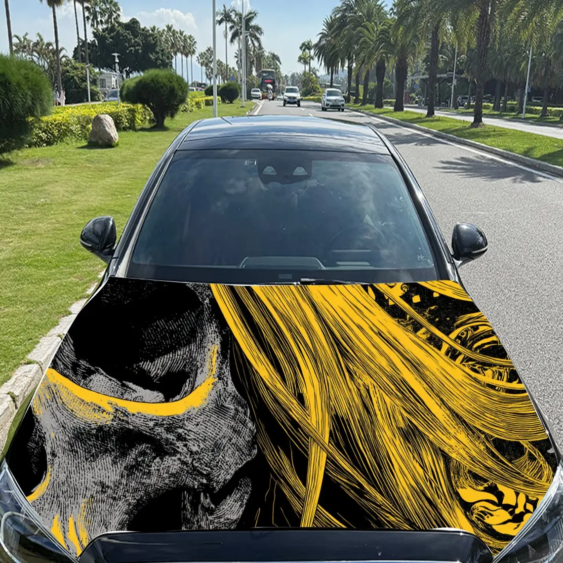 ملصقات غطاء رأس السيارة على شكل جمجمة صفراء مرعبة - لفافة فينيل ذاتية اللصق ومقاومة للماء ومتينة، وتزيين وحماية C الخاصة بك #3