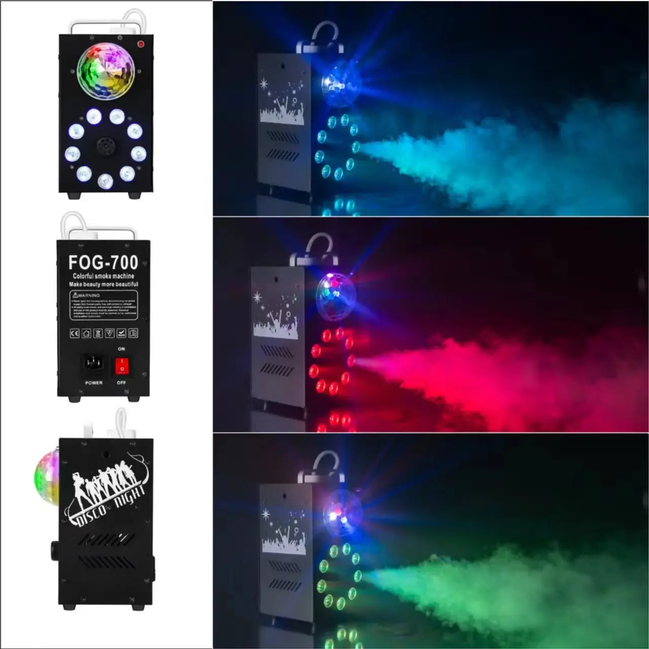 

LED 700W fog machine RGB three-in-one magic ball color fog machine dj disco sound control strobe nightclub lamp smoke machine