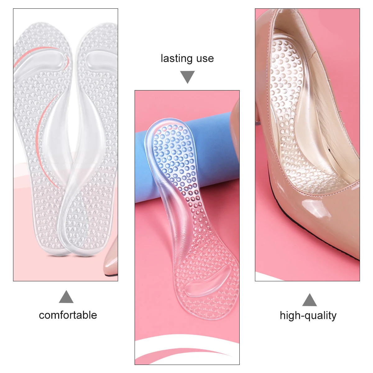 

2 Pairs Non Slip Massage Insoles Gel Lady Shoe Pad Foot Therapy Arch Support Cushion High Heel Inserts Foot Care Tool