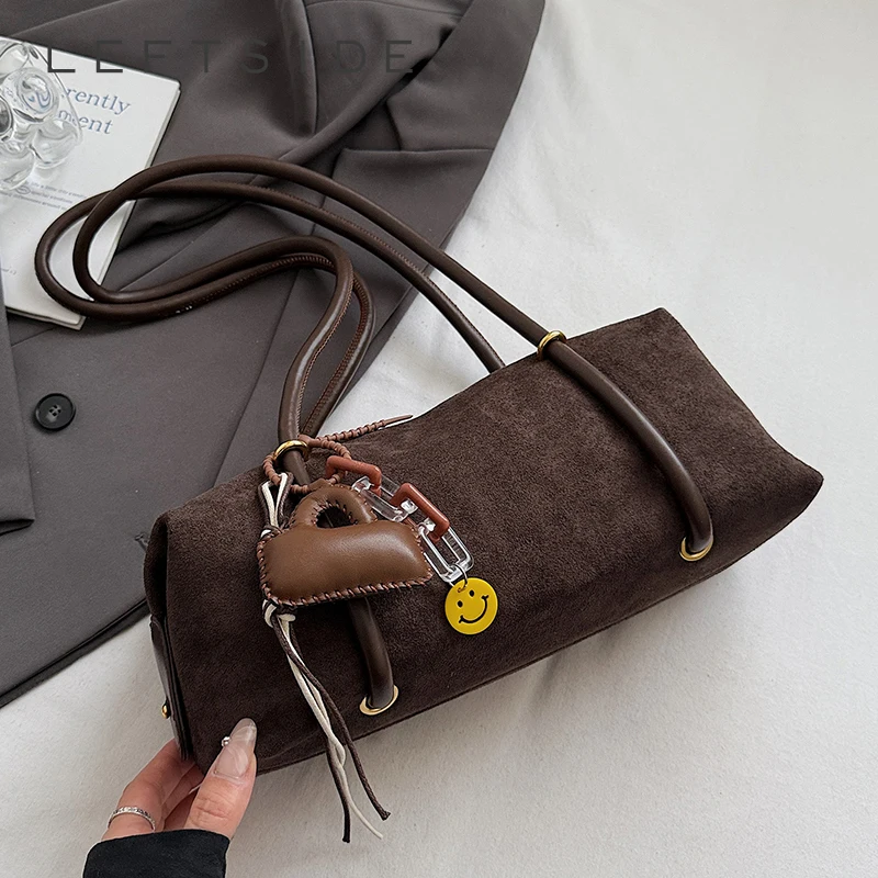 LEFTSIDE Women Small Faux Suede Armpit Shoulder Bag 2025 Winter New Fashion Retro Underarm Bag Luxury Brand Designer Handbags