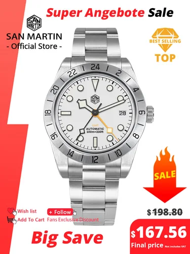 San Martin nuevo 39mm NH34 BB GMT reloj mecánico automático reloj deportivo zafiro luminoso impermeable 100m para hombres reloj SN0054