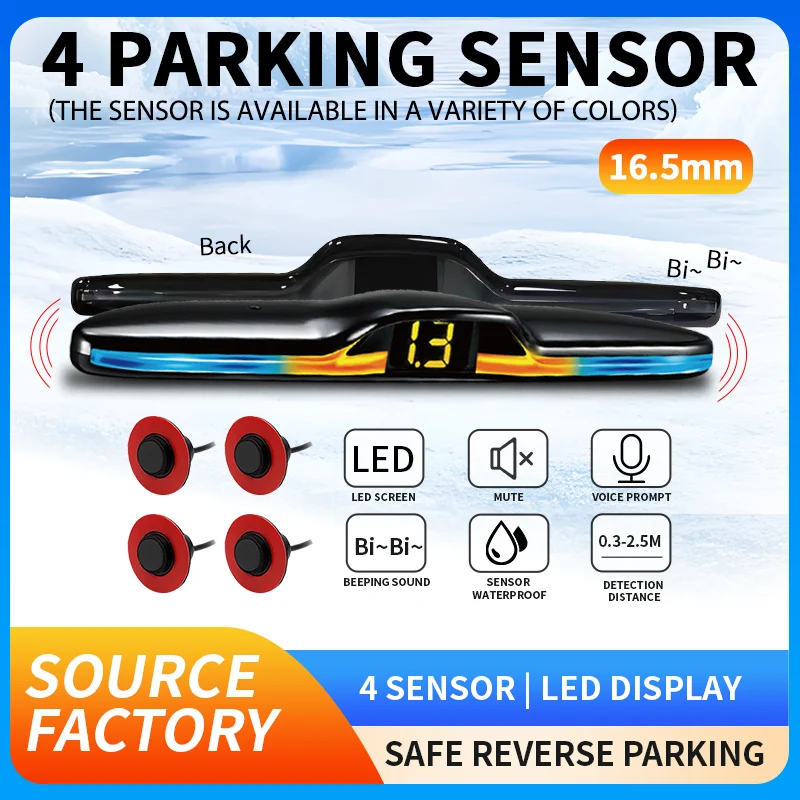 

16.5mm 4 Parking Sensor with LED Display Screen, Voice Prompt + Silent + Beeping Sound Modes, Universal Car Backup Radar, 12V