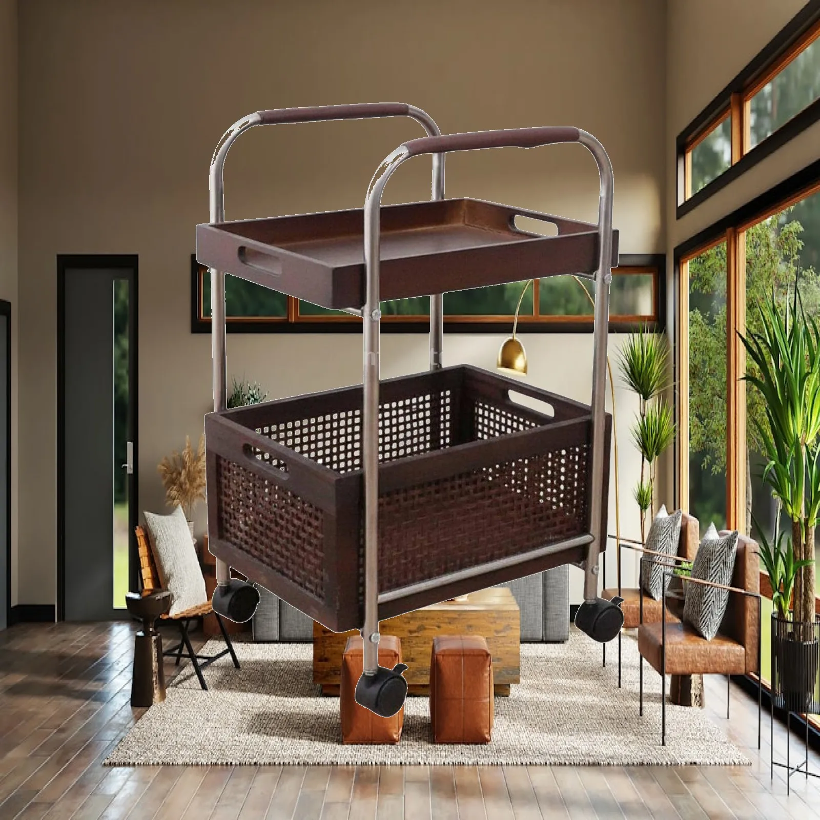 Two-tiered, mobile shelving system on casters, stainless steel frame