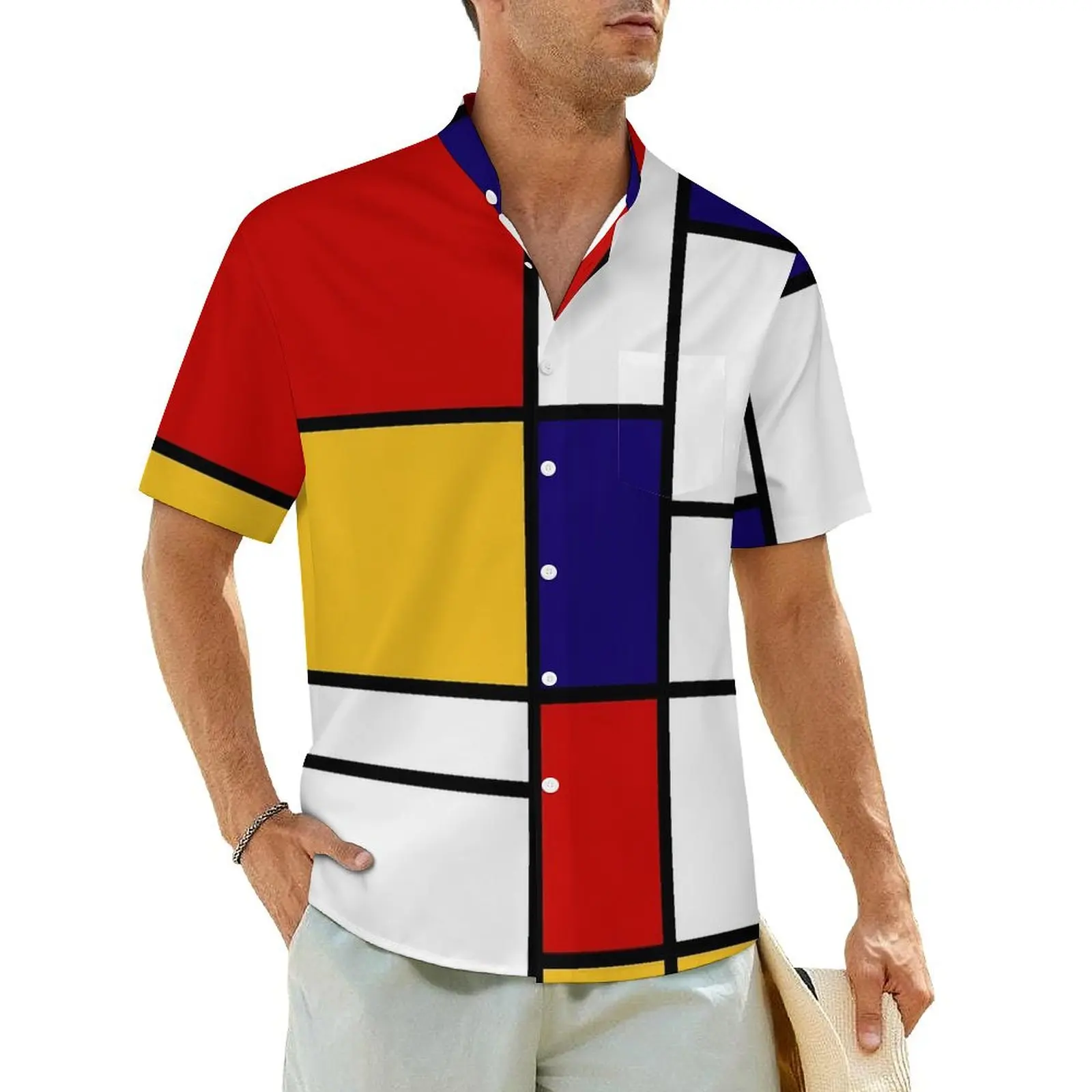 

De Stijl Print Vacation Shirt Mondrian Inspired Hawaiian Casual Shirts Man Cool Blouses Short-Sleeved Y2K Fashion Pattern Top