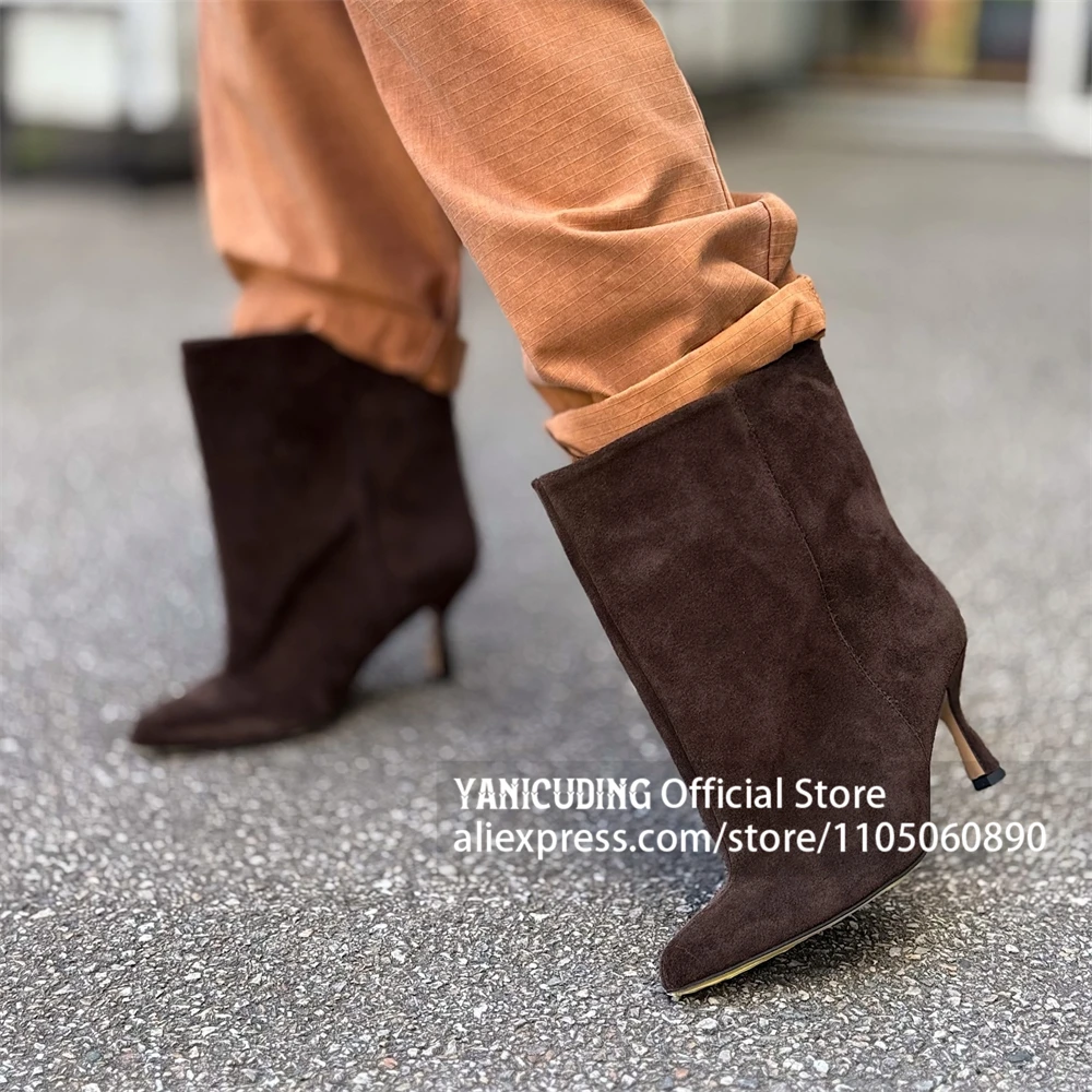 Suede Pointed Toe Stiletto Booties Classic Style Mid Calf Boots Multicolor Suede Wide Shaft Mid Booties for Women Winter Booties