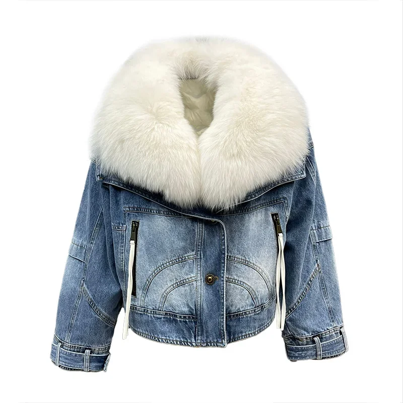 Factory Wholesale Short Denim Fox Fur Jacket Winter Goose Down Coat with Fur Collar