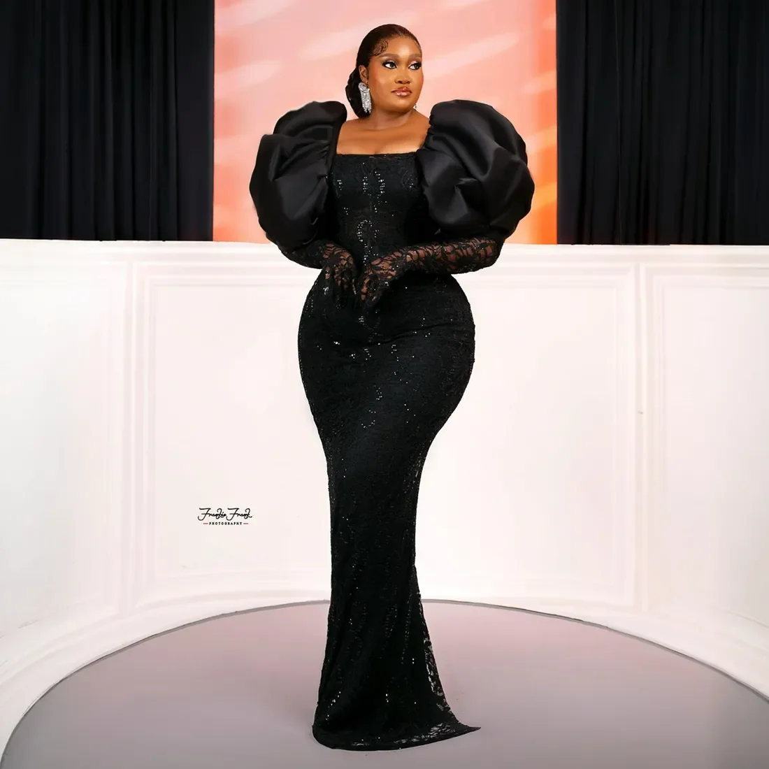 Customized African Nigeria Plus Size Prom Dresses Mermaid Evening Dresses Long Sleeves Lace Beaded Black Women Engagement Gown