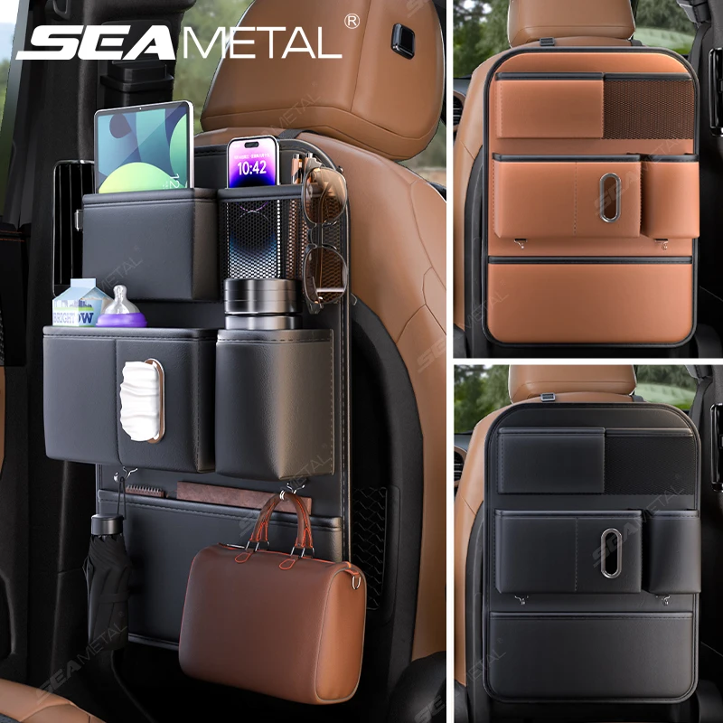 SEAMETAL 6-Taschen-Organizer für die Rückenlehne des Autos, Premium-PU, langlebige Aufbewahrungstasche für den Rücksitz des Autos, verschleißfestes, wasserdichtes Anti-Kick-Pad