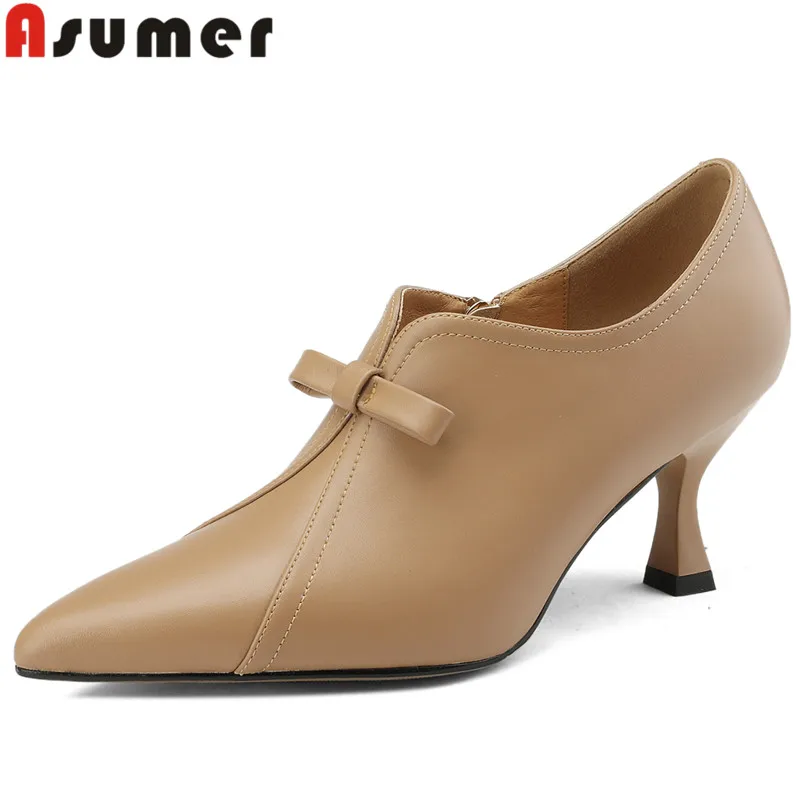 

ASUMER 2024 New Butterfly Knot Sheepskin Shoes Woman Pointed Toe Ladies Dress Pumps Zipper Thin High Heels Shoes