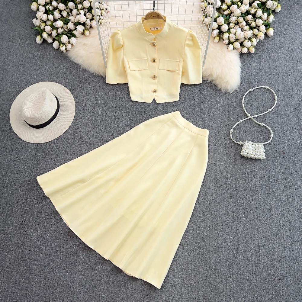 

Summer Fashion Suit Female Elegant Standing Collar Single-breasted Bubble Sleeve Short Top Two-piece High Waist Skirt