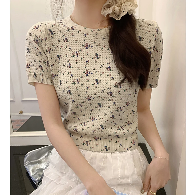 Preppy Style O-Neck Short Sleeve Slim-Fit Cropped Top Printed Floral Waffle T-Shirts Women 2024 New Short Tees Shirts Female