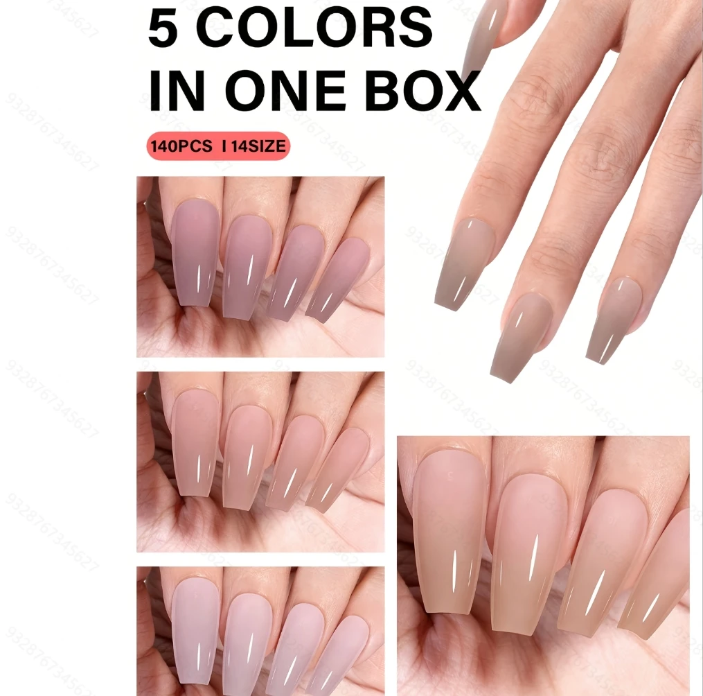 112 szt./140 szt. w 1 pudełku, 5 kolorów krótkie tipsy w kształcie trumienki/buzi/owalu/kwadratu, 14 różnych rozmiarów akrylowych tipsów, pełny zestaw sztucznych paznokci.