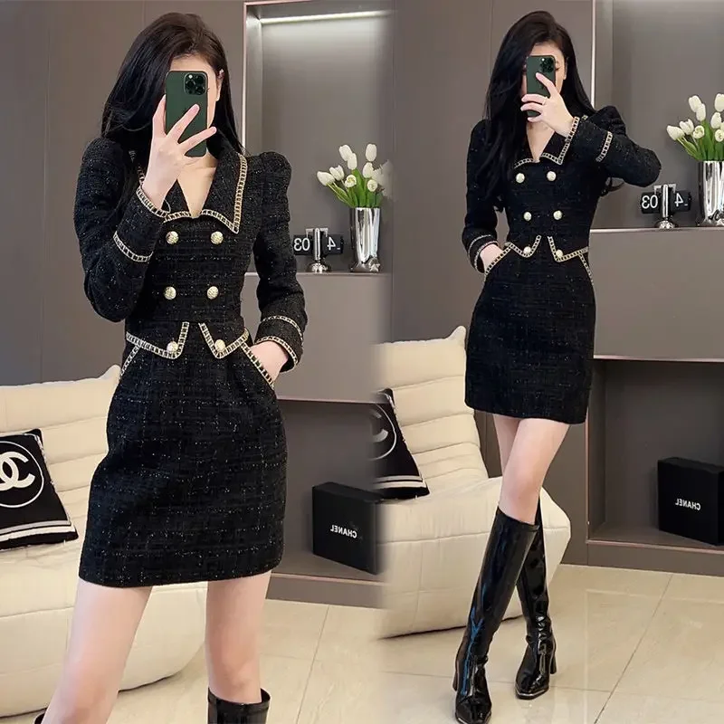 French Tweed Style Black Luxury Niche Design Long Dress Two-Piece Illusion Splicing Dress New Autumn 2024 Fashion