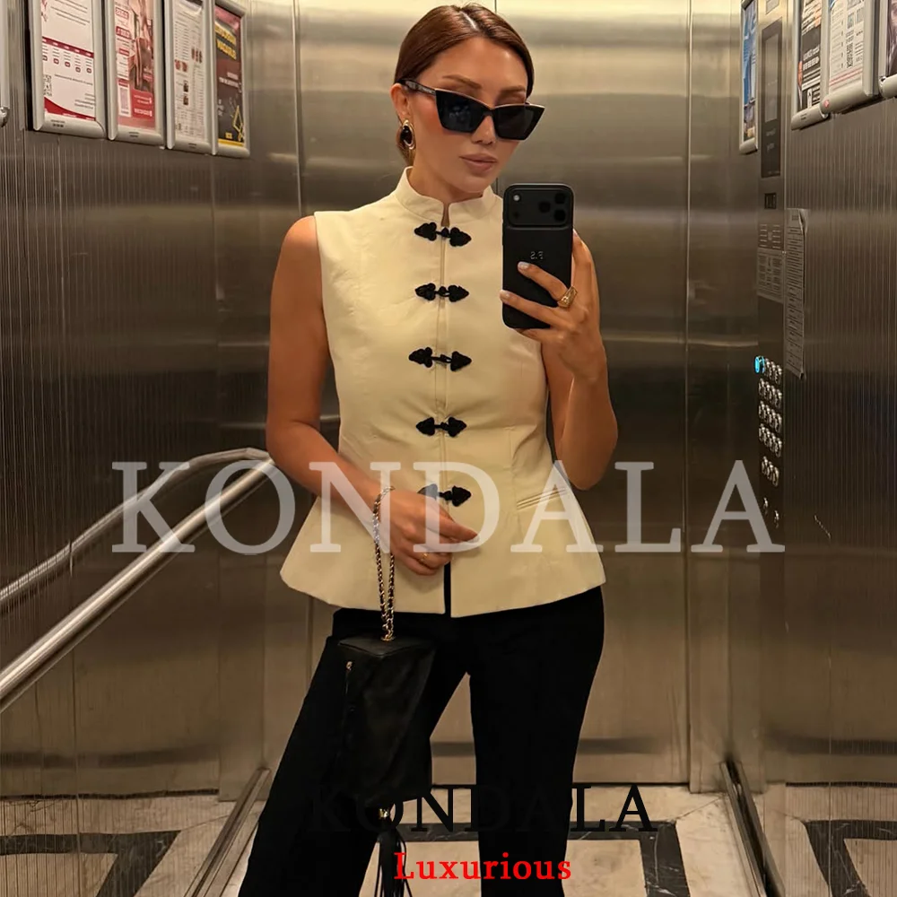 KONDALA High Street Casual Chic Women Tank Top Stand Collar Knot Button Sleeveless Top New Fashion 2026 Summer Holiday Tank Top