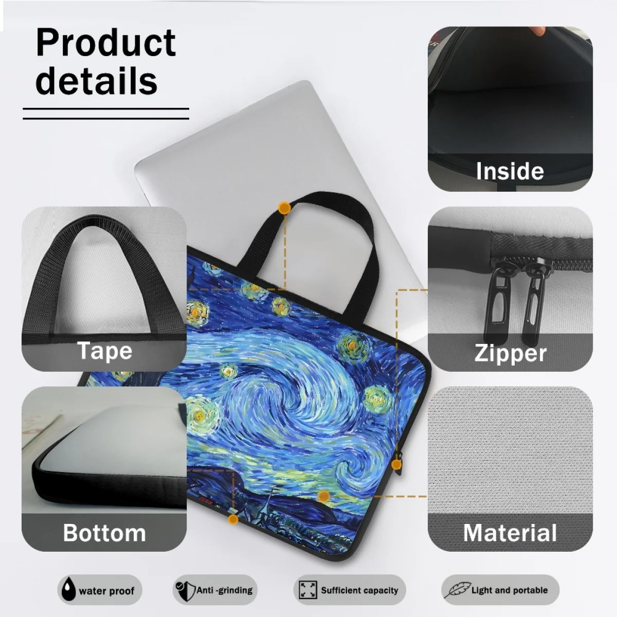 Van Gogh Starry Night Oil Painting Designer Tablet Bag Retro Zipper Ladies Portable Notebook Protective Cover Laptop Bag Gift