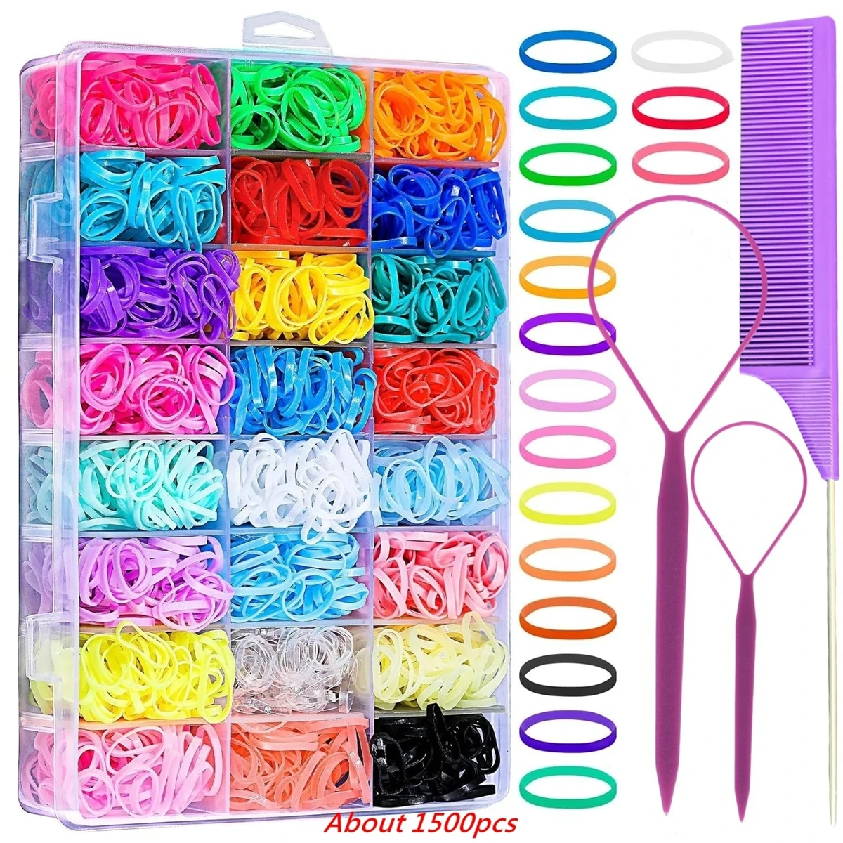 

24 Colors 1500Pcs Mini Hair Ties Set with Styling Tools, Elastic Rubber Bands, All-in-One Hair Accessories Kit for Girls & Women