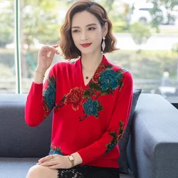 Cashmere Sweater Female Noble Middle-Aged And Elderly Mother Autumn And Winter Thick Sweater V-Neck Printed Wool Bottoming Shirt