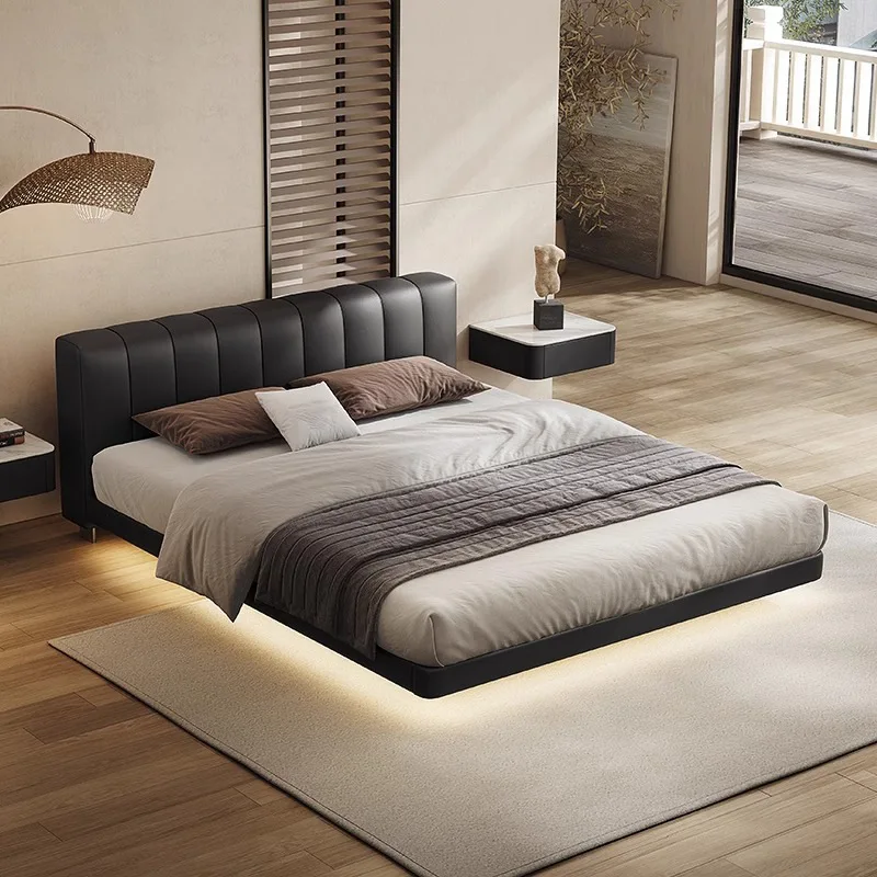 Italian leather bed solid wood suspension bed modern simple 1 high-end large 1.8m primary and secondary bedroom flush double bed