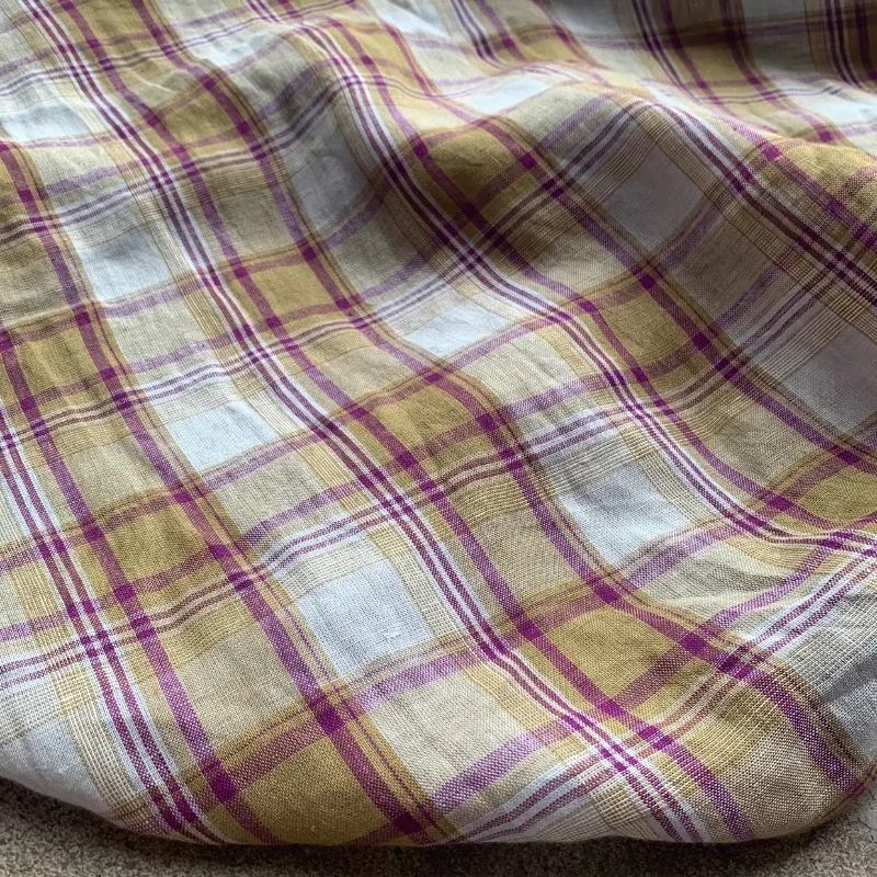 

Purple Gray Brown Woven Pure Linen Check Fabric Breathable Relaxed Dress Shirt for Studio Summer Autumn Textile Fabric