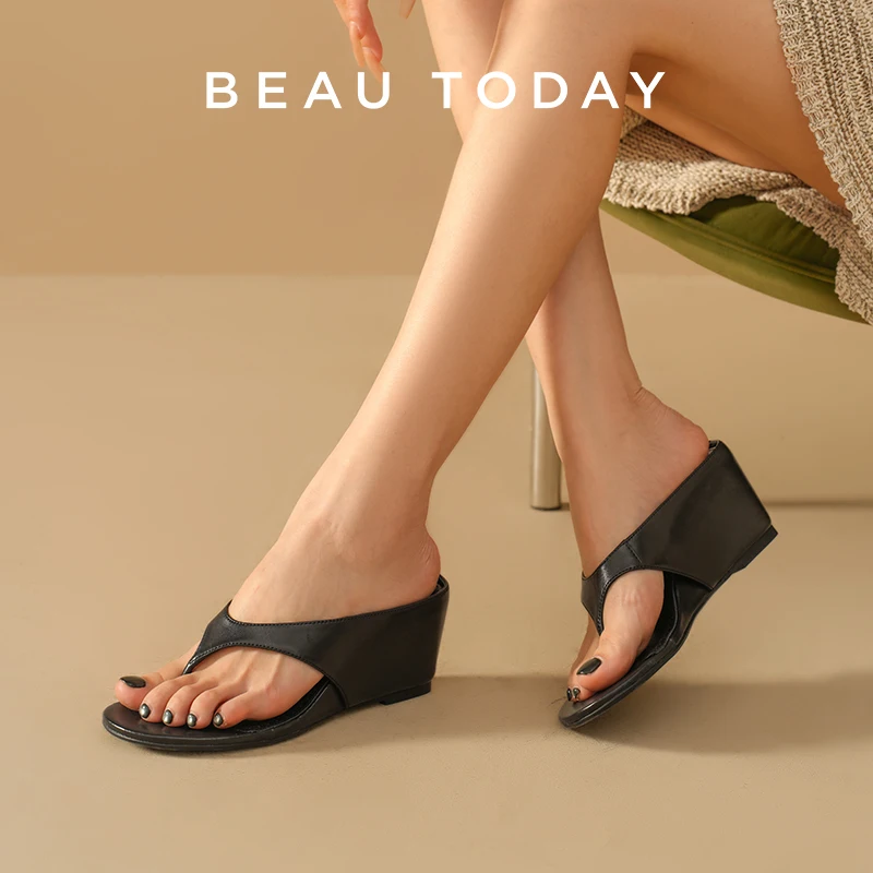 BEAUTODAY шлепанцы для отдыха, женские шлепанцы из телячьей кожи с Т-образным ремешком, туфли-лодочки без шнуровки на танкетке с круглым носком, летние женские тапочки ручной работы 35138