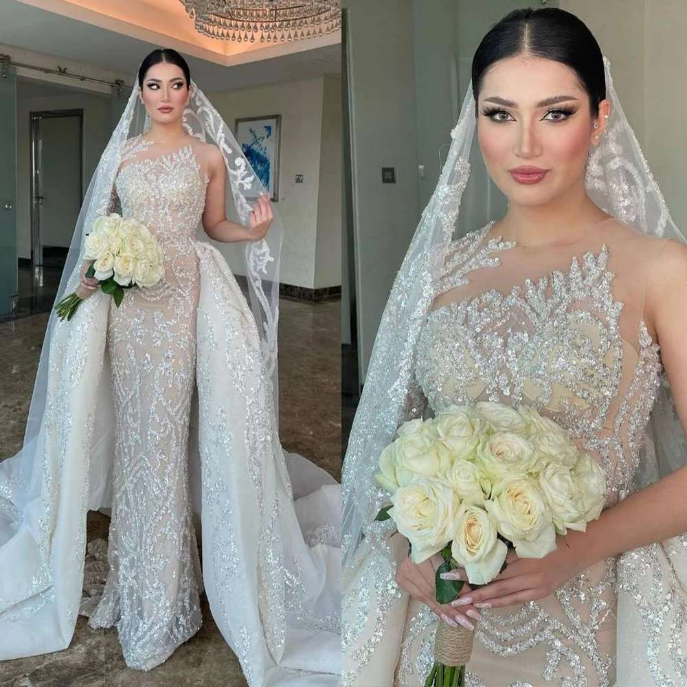 Sparkly Beads Mermaid Wedding Dress Sexy Sheer O Neck Saudi Arabic Wedding Dresses With Detachable Train