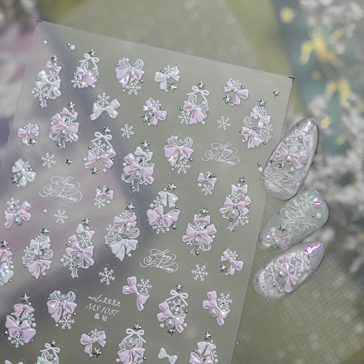 5D Christmas Nail Stickers Sweet Pink Bow Polka Dot Bow Xmas Tree Snowflake Pearl Merry Christmas Embossed Nail Decals Manicure