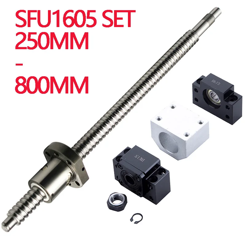 

SFU1605 Set 250mm 300mm 350 400 450 500 550 600 650 700 750 800mm BallScrew End Machine + Ballnut Housing + Coupler + BKBF12 CNC