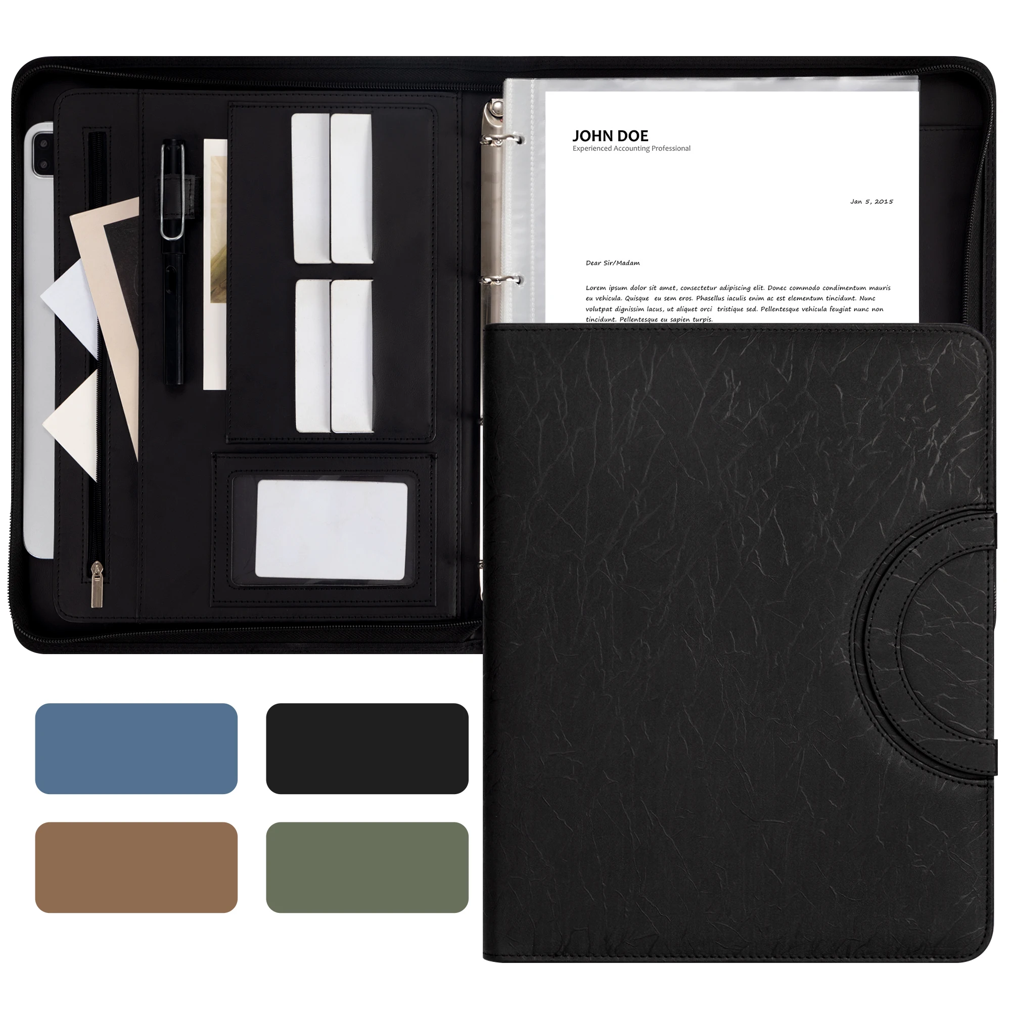

A4 4-ring Zippered Leather Padfolio Portfolio with Magnetic handheld, Business Conference Portfolio Organizer Notepad Folder