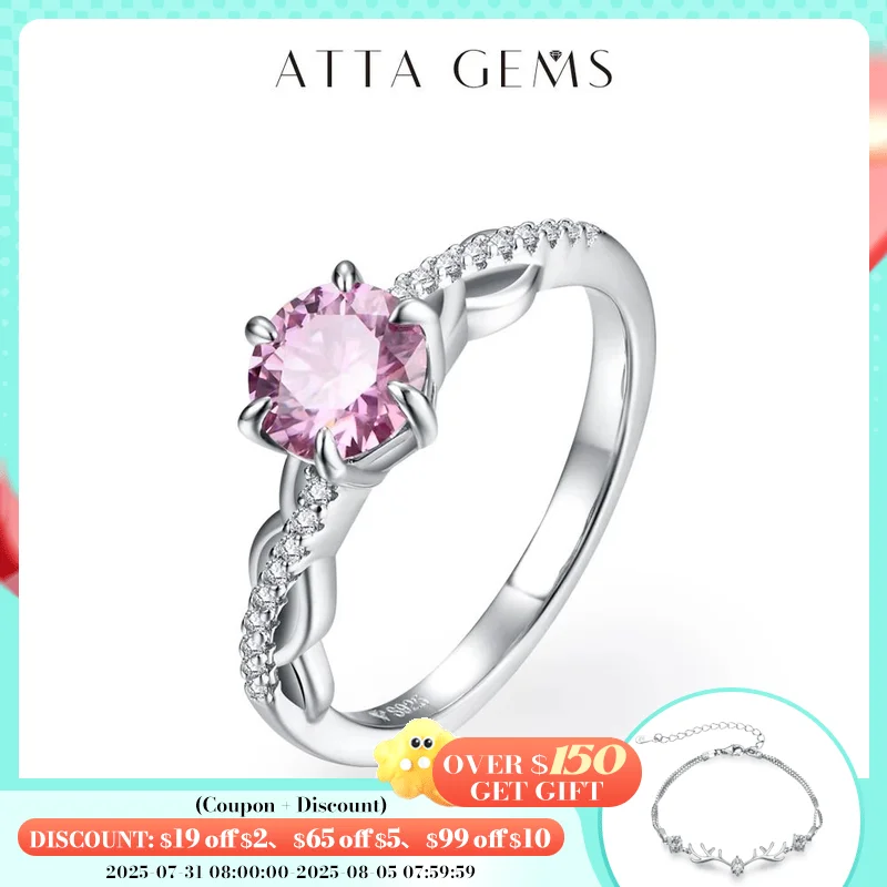

ATTAGEMS D Color Round Cut 1.0ct Pink Moissanite Ring for Women Man Real 100% 925 Sterling Silver Engagement Anniversary Jewelry