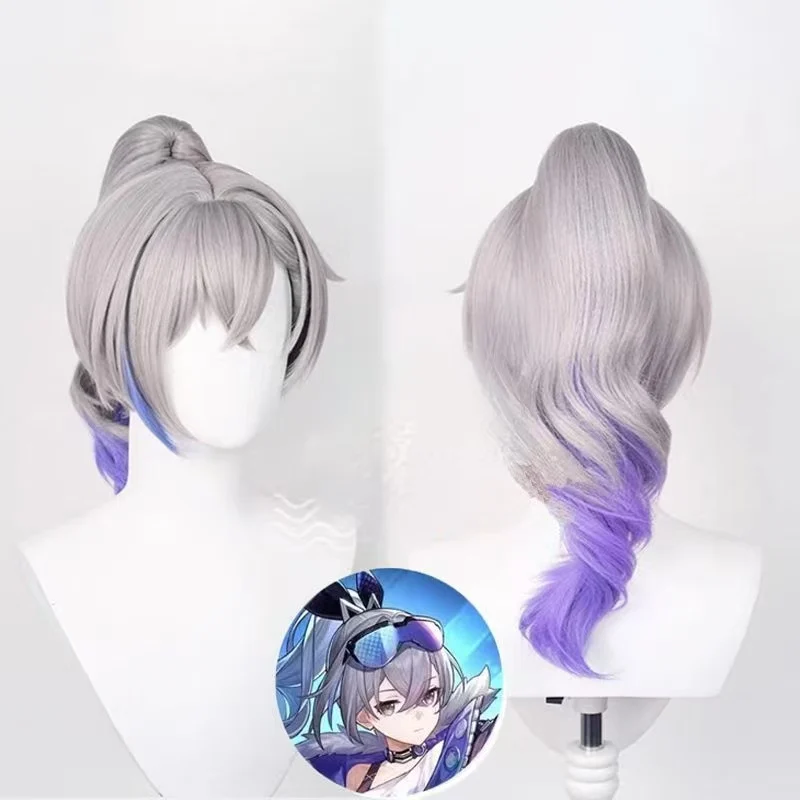 Honkai Star Rail Silver Wolf Cosplay Wig, Grey Gradient Purple Blue Ponytail Heat Resistant Synthetic Wig for Halloween Party