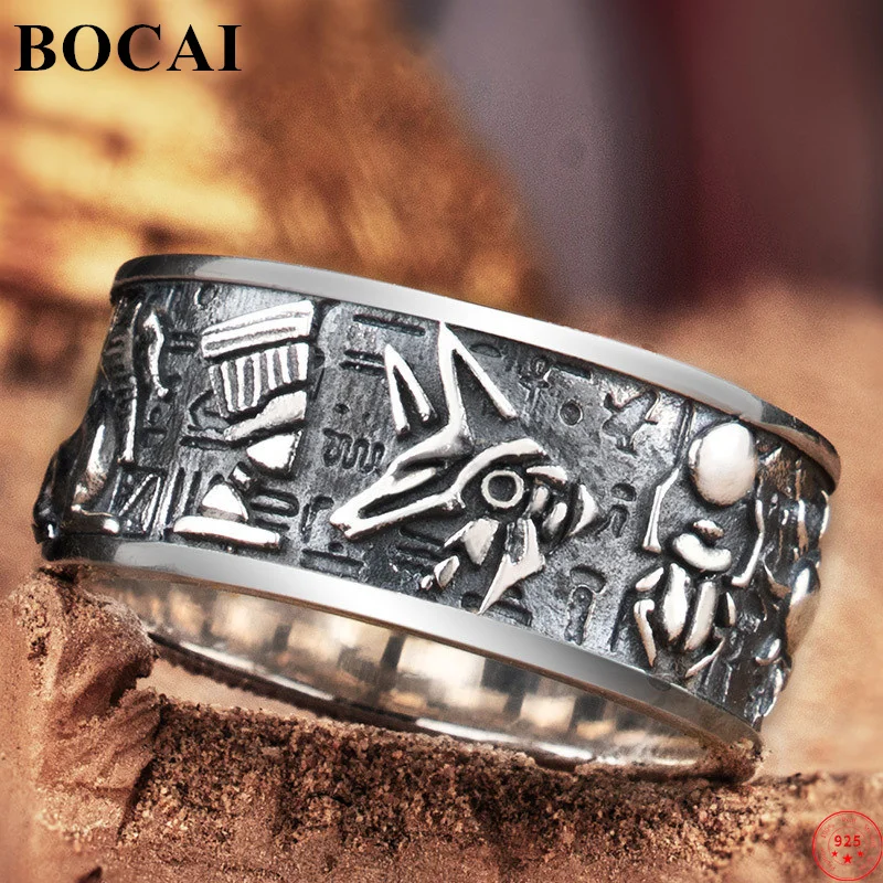 BOCAI S925 Sterling Silver Rings for Men Women Retro the Gods of Egyptian Pattern Relief  Argentum Punk Jewelry Wholesale