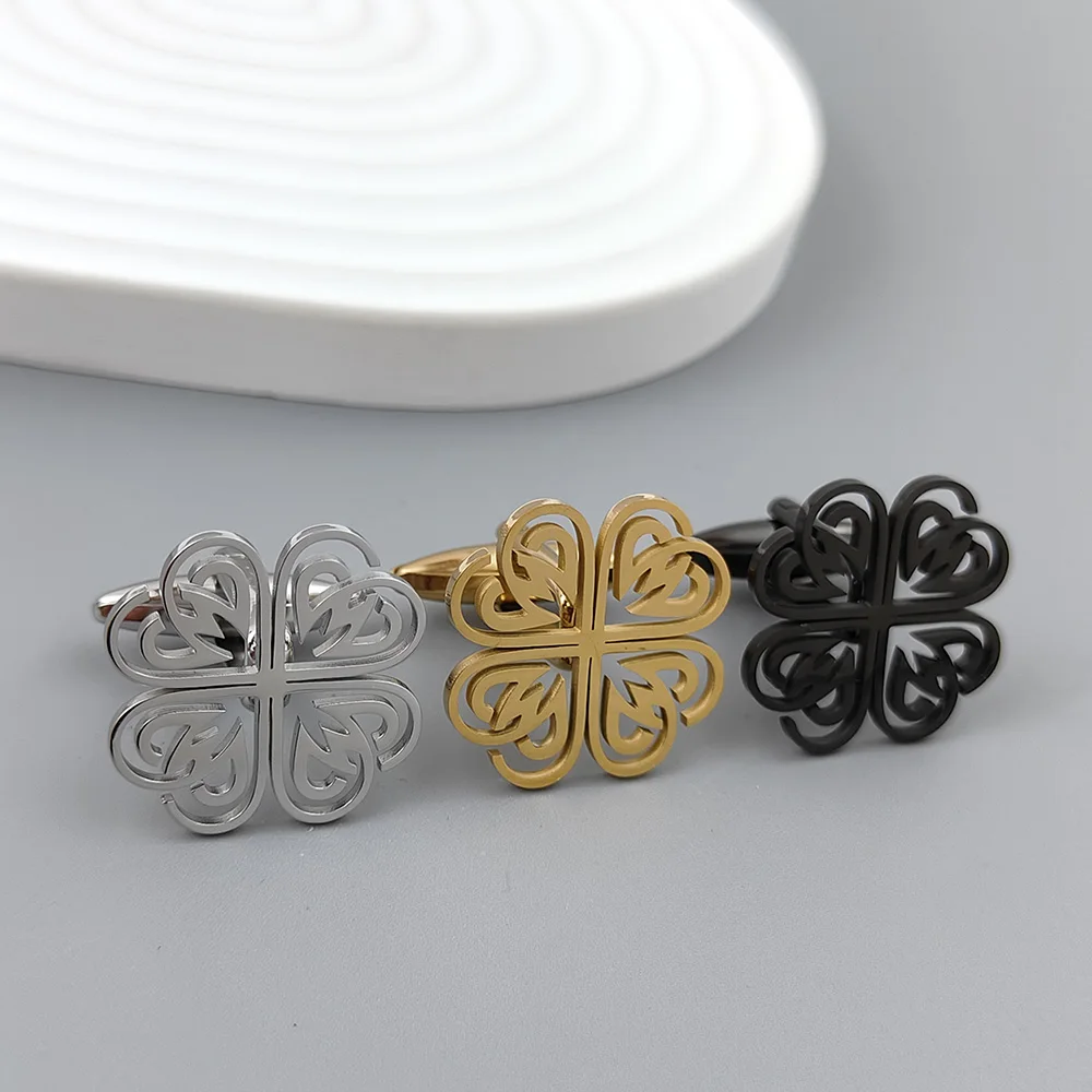 Gold-plated four-leaf clover petal cufflinks, French shirt cuff accessories, black stainless steel suit, formal match