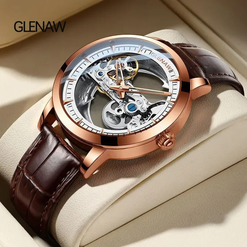 2023 GLENAW Hollow out Mechanical Watch Sculpture Design Men's Watch 30ATM Waterproof Luminous Watch Relogio Masculino + Box