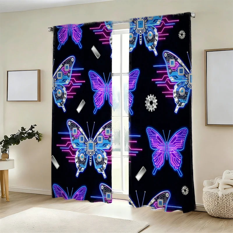 2pcs Cyberpunk Butterfly Curtains Neon Circuit Board Print Drape Tech Room Gamer Window Treatment Futuristic Home Decor Panels