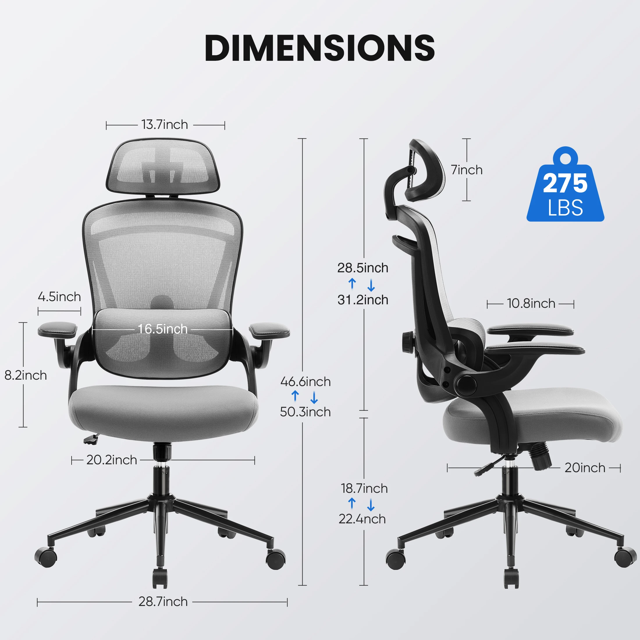 JHK Ergonomic Mesh Office Chair Flip Up Arms Adjustable Lumbar Support 120°Tilt High Back Comfortable Soft Computer Chair For Office