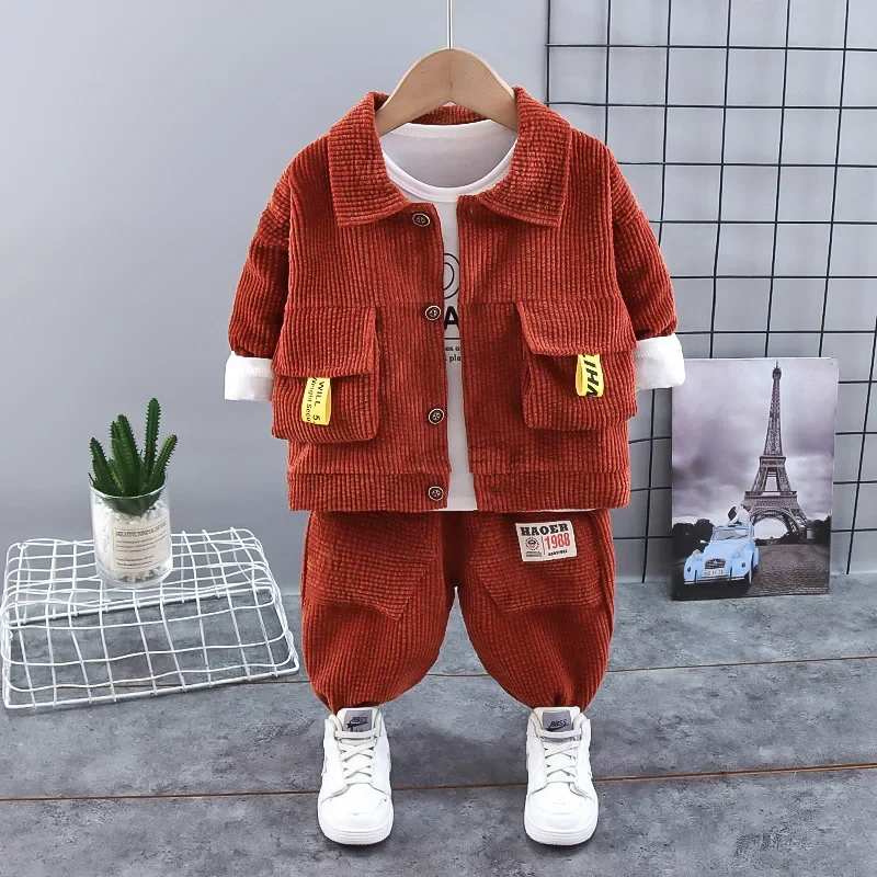 Autumn children\'s three piece suit 2023new Corduroy lapel single breasted leisure children\'s long sleeve coat wholesale