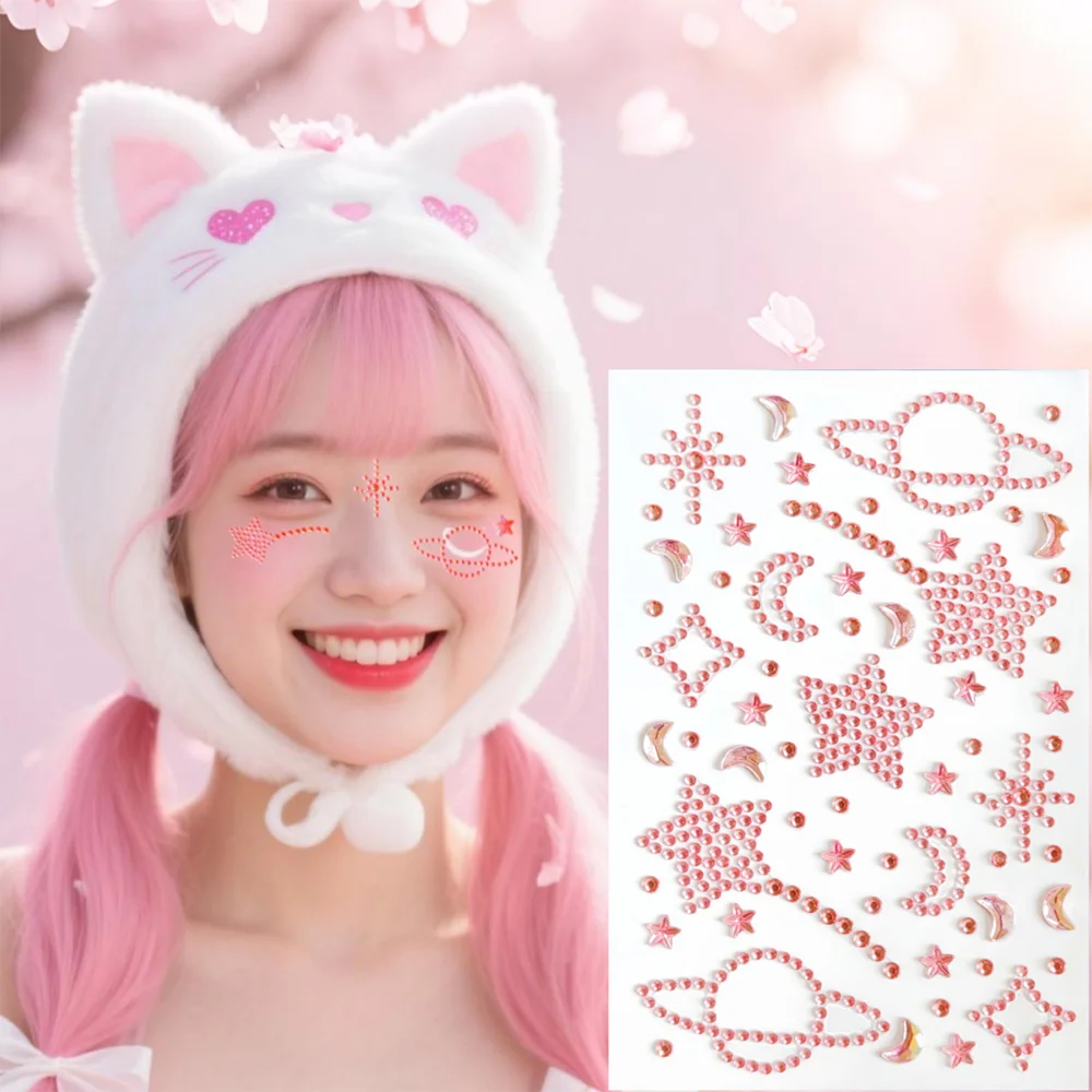 1 ورقة نجمة القمر كوكب الوجه جوهرة ملصقات أحمر وردي فضي واضح ذاتية اللصق بلينغ حجر الراين الوجه الشارات المهرجانات الوجه ديكورا #4
