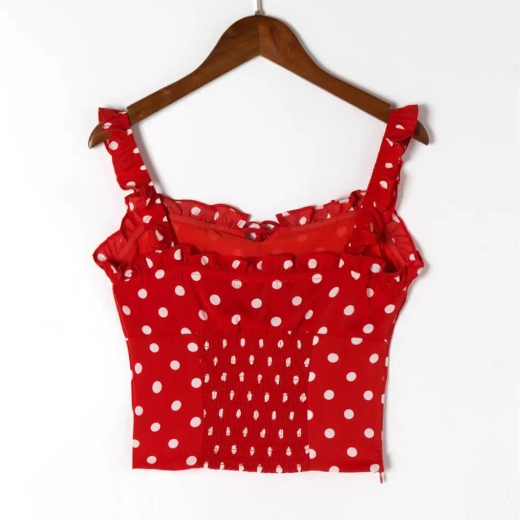 

Summer New Women's Slim Fit Polka Dot Lace Strap Vest European American Style Side Zipper Short Navel Top for Ladies