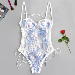 Sous-vêtements en dentelle brodée pour femmes, costume de batterie une pièce, sangle spaghetti, dos ouvert, lingerie sexy, pyjama tentation, grenouillère