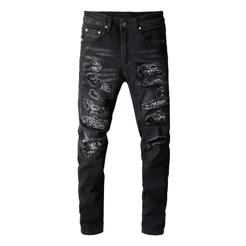 European and American High Street Black Casual Jeans, New Style Men's Hand-Scratched and Multi-Patch Fashion Street Jeans