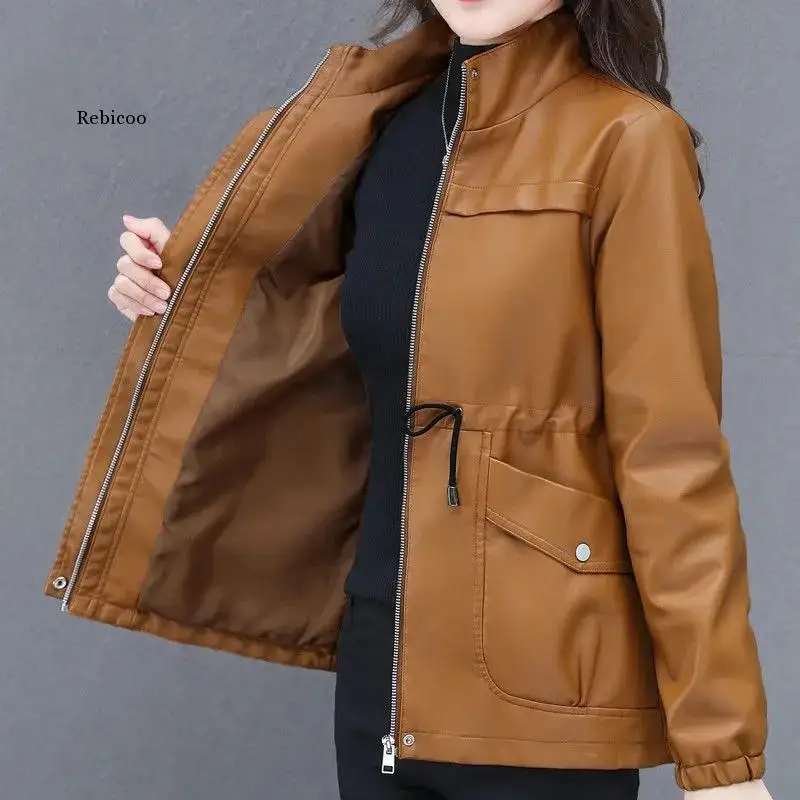 Women's PU Leather Jacket 2022 Autumn Stand Collar Leather Coat Female Mid-length Faux Leather Coat Casual Leather Windbreaker