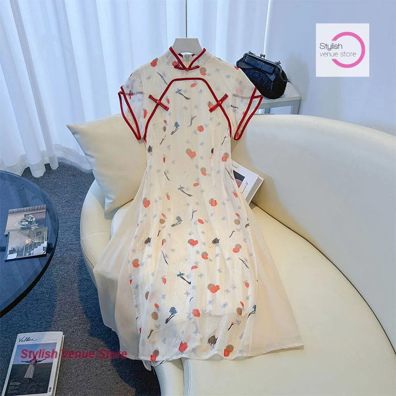 

New Chinese chic printing improved cheongsam skirt women's summer new fashion temperament advanced design unique slim dress