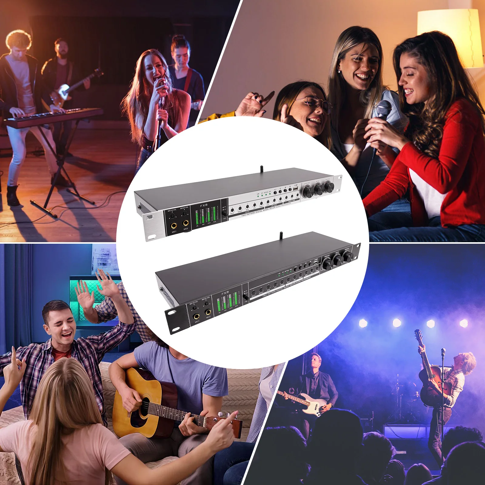 Professional 4 Channel Audio Mixer with Anti Feedback Bluetooth USB Live Sound Processor for Stage Studio Recording Streaming