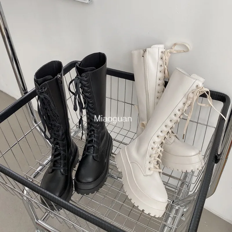 Chunky Platform Pu Leather Knee High Boots Woman‘s Punk Increasing Long Female Lace Up Booties Mujer 2024 Zip Chelsea Women Shoe