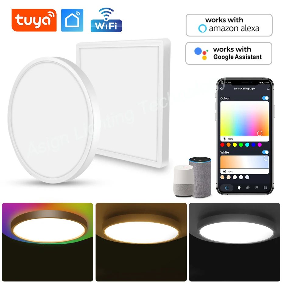 

Tuya WiFi Smart Ceiling Lamp 40W RGB+CW+WW Dimmable LED Lights Compatible with Alexa Google for Bedroom Living Room Decoration