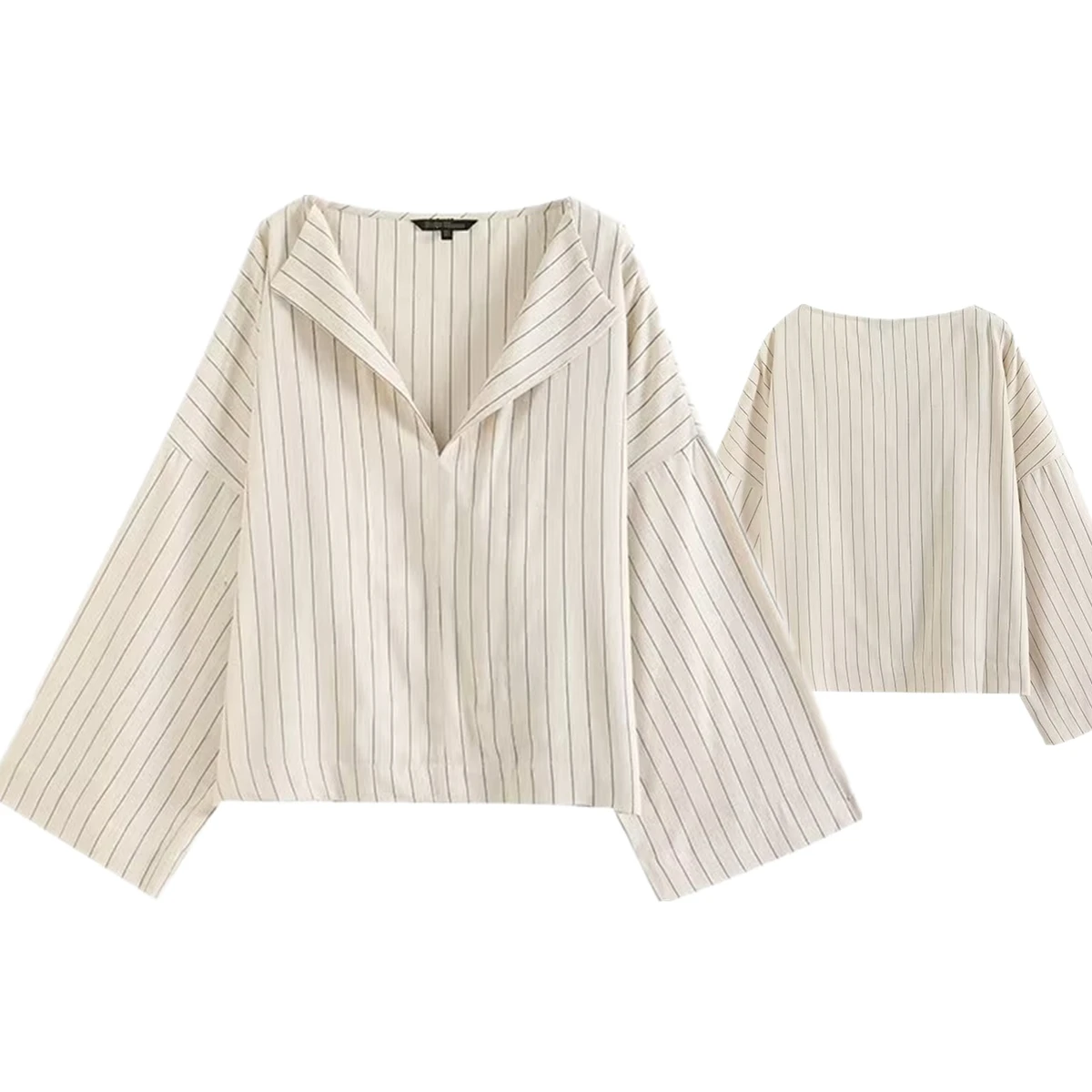 Withered 2024 Autumn French Minimalist  Blouse Women Retro Striped Flared Sleeve Shirt Loose Linen Tops